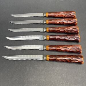 Forgecraft VTG Stainless Steel Faux Bone Stag Handle Steak Knives set of 6 USA